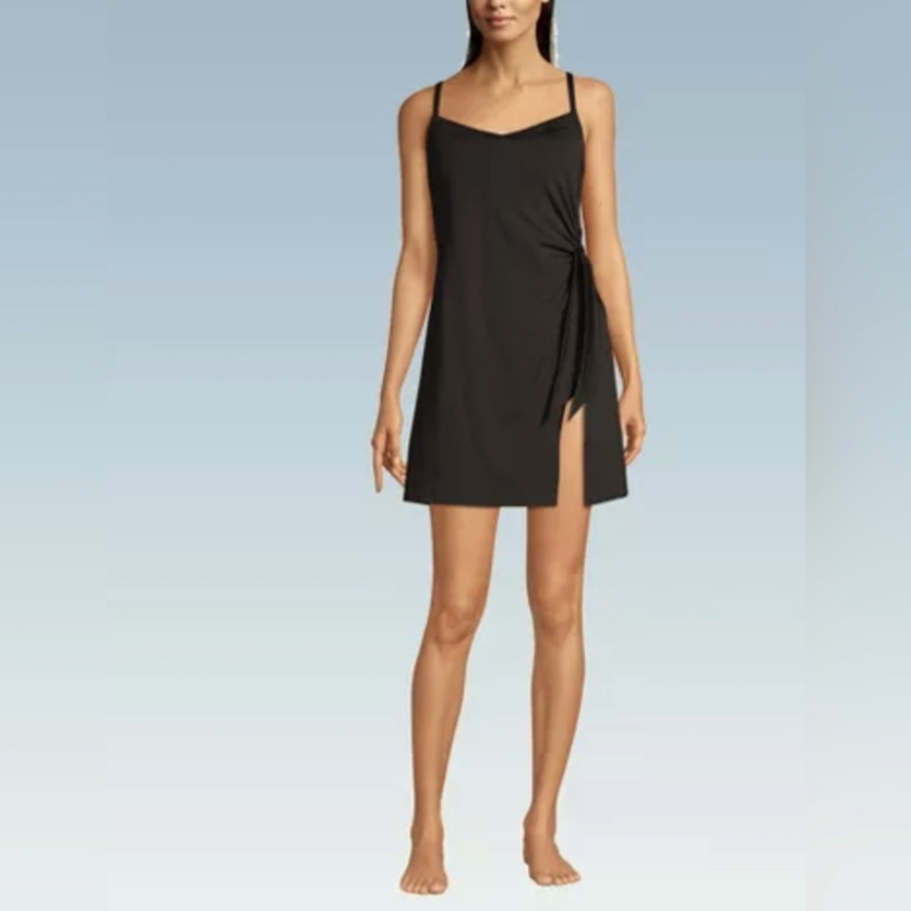 LANDS’ END sz 10 One Piece Draped Swim Suit Side Detail Black